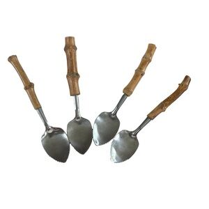 Vintage 1960s Bamboo Handled Grapefruit Spoons (4) Stainless Serrated Japan MCM‎